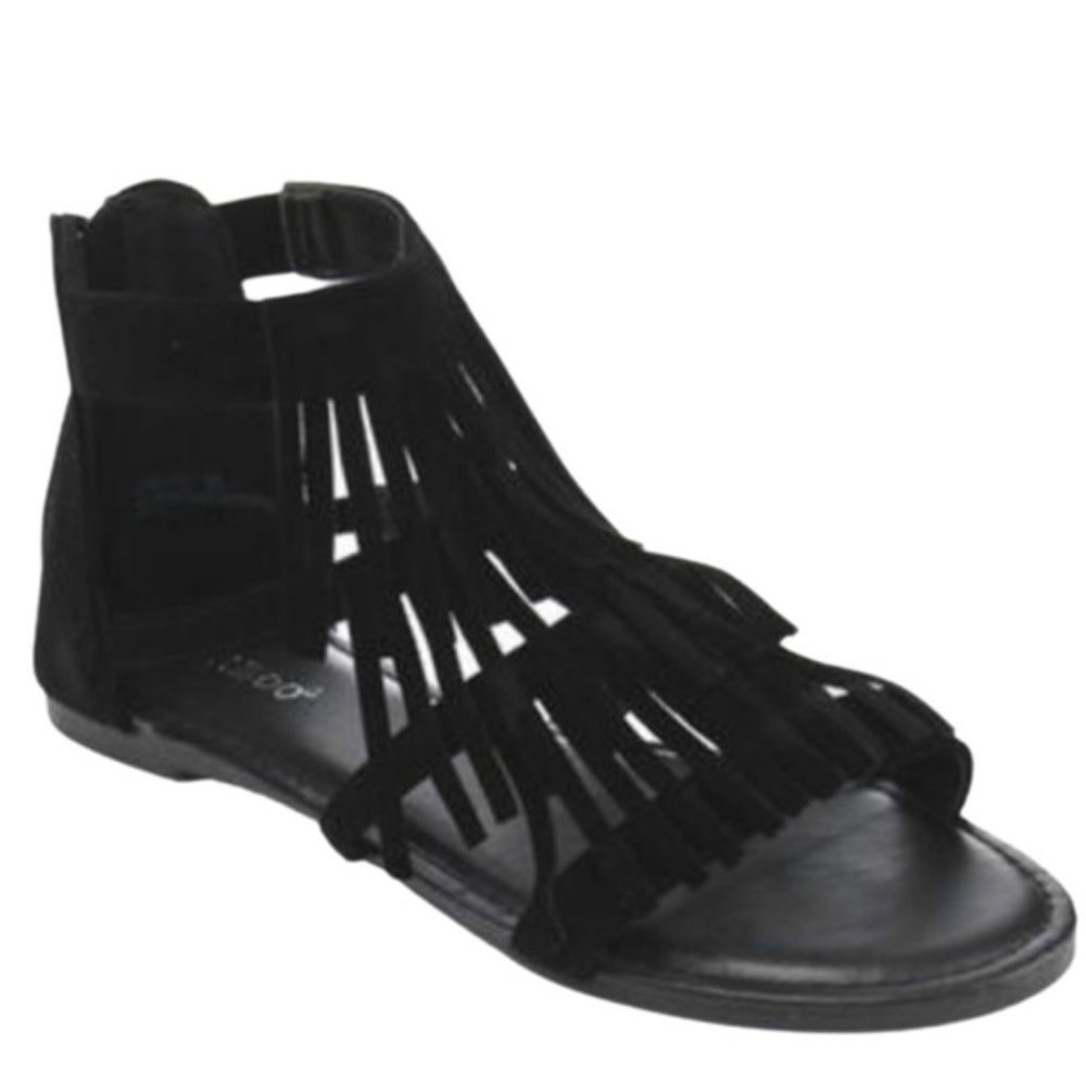 Bamboo Black Suede Fringe Flat Sandals